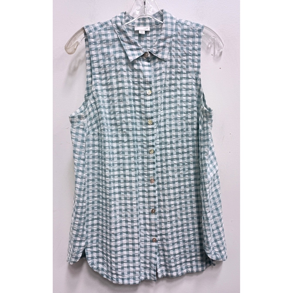J. Jill Button Down Sleeveless Shirt Womens Medium Green Gingham Seersucker
